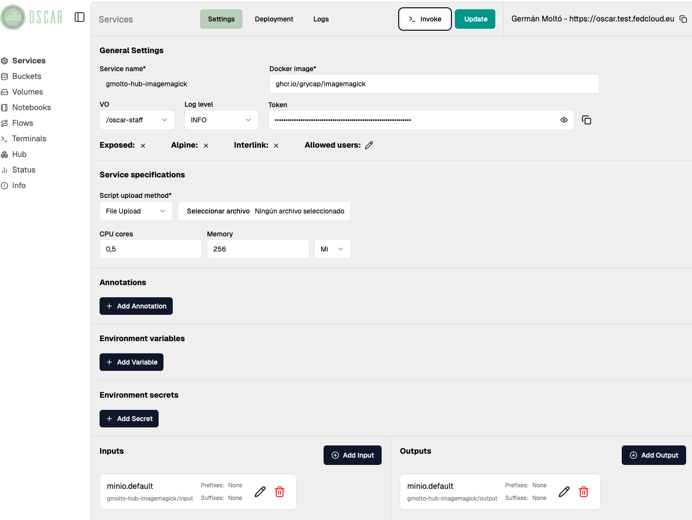 Service details in the OSCAR Dashboard